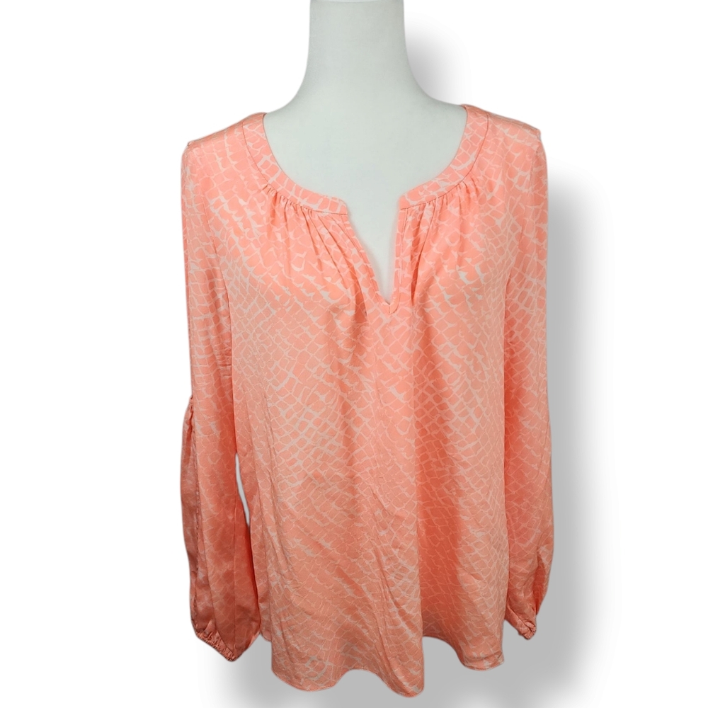 Alice + Trixie Silk Split Sleeve Peasant Blouse Coral Print Size Large - Picture 2 of 15